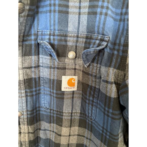 Carhartt Shirt Jacket Plaid Sherpa Lined Medium Blue Gray Outdoors Workwear - Picture 4 of 6